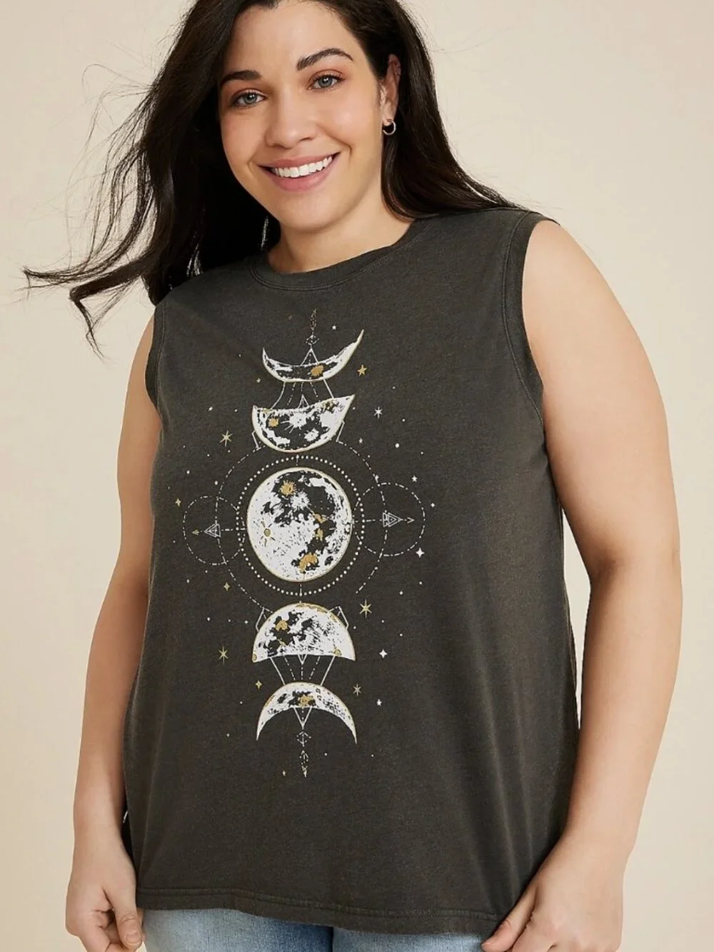 Maurices Plus Size Celestial Graphic Tank Top 2x Black Metallic Gold Moon Phase - Picture 7 of 8
